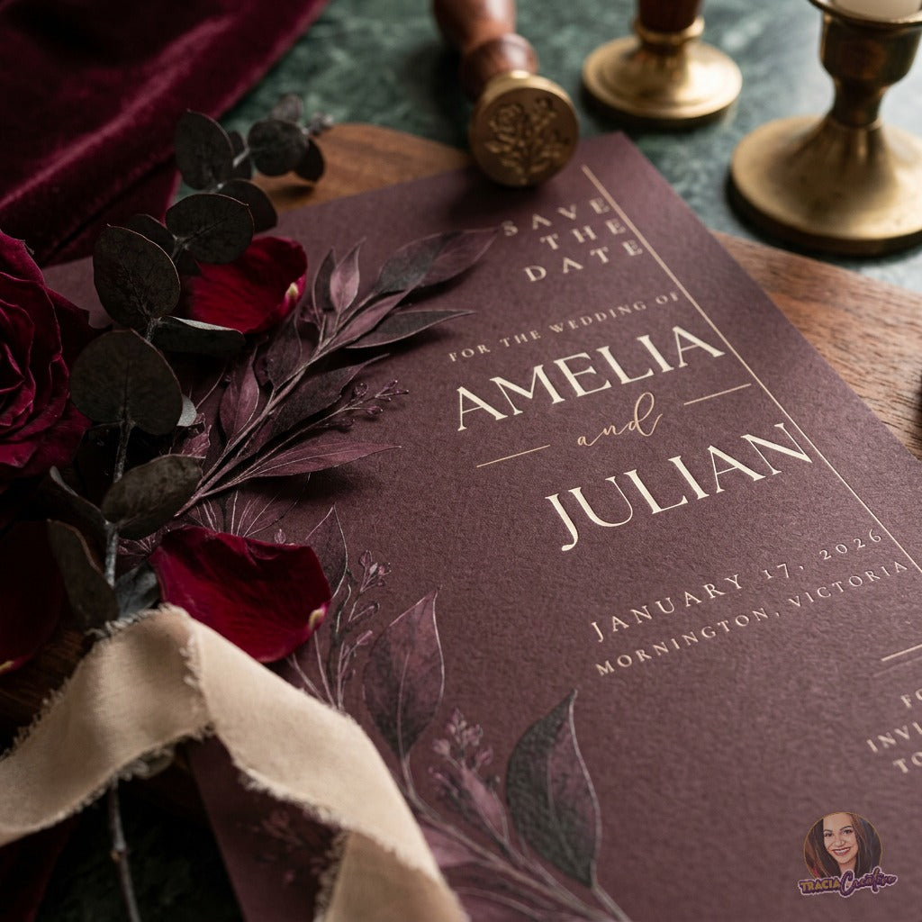 Burgundy Save the Date Template, Minimalist Botanical Wedding Announcement, Elegant Winter Wedding Editable Canva Printable 5x7
