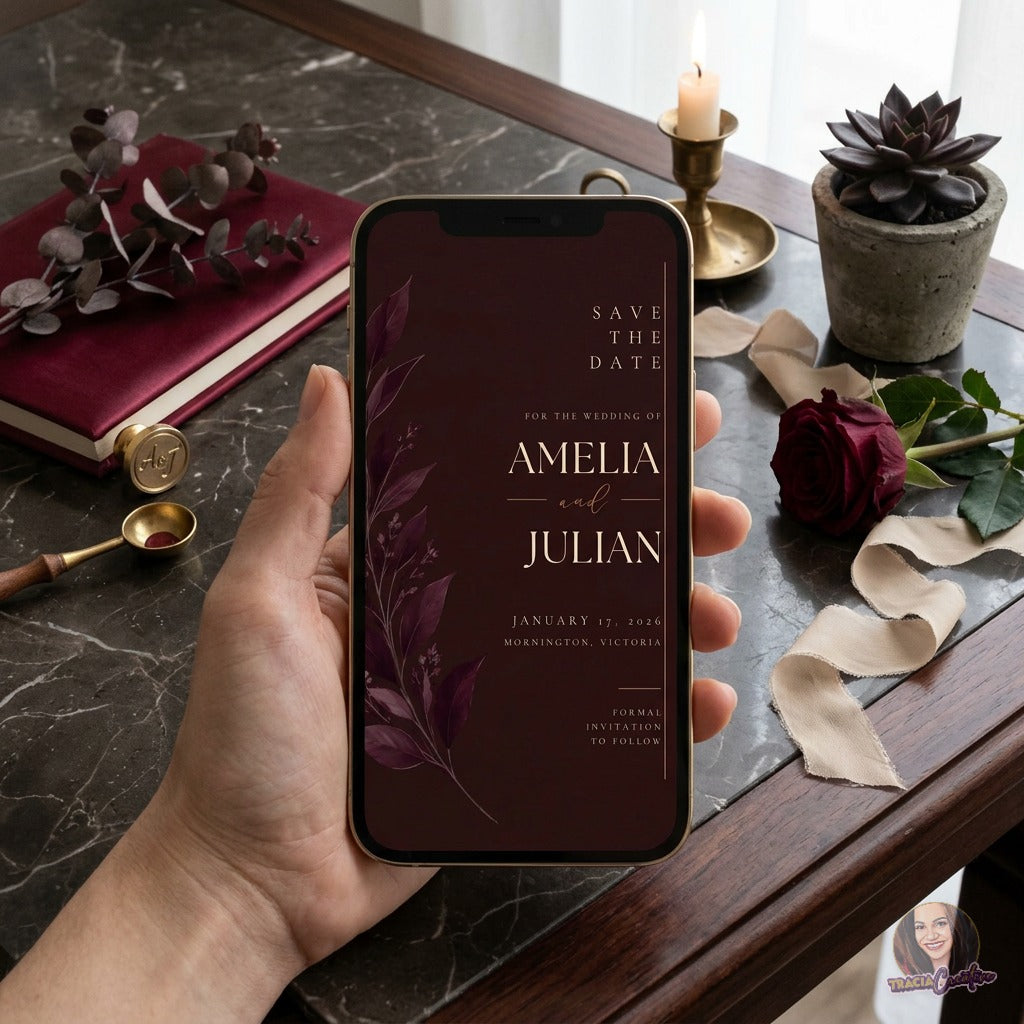 Burgundy Save the Date Template, Minimalist Botanical Wedding Announcement, Elegant Winter Wedding Editable Canva Printable 5x7