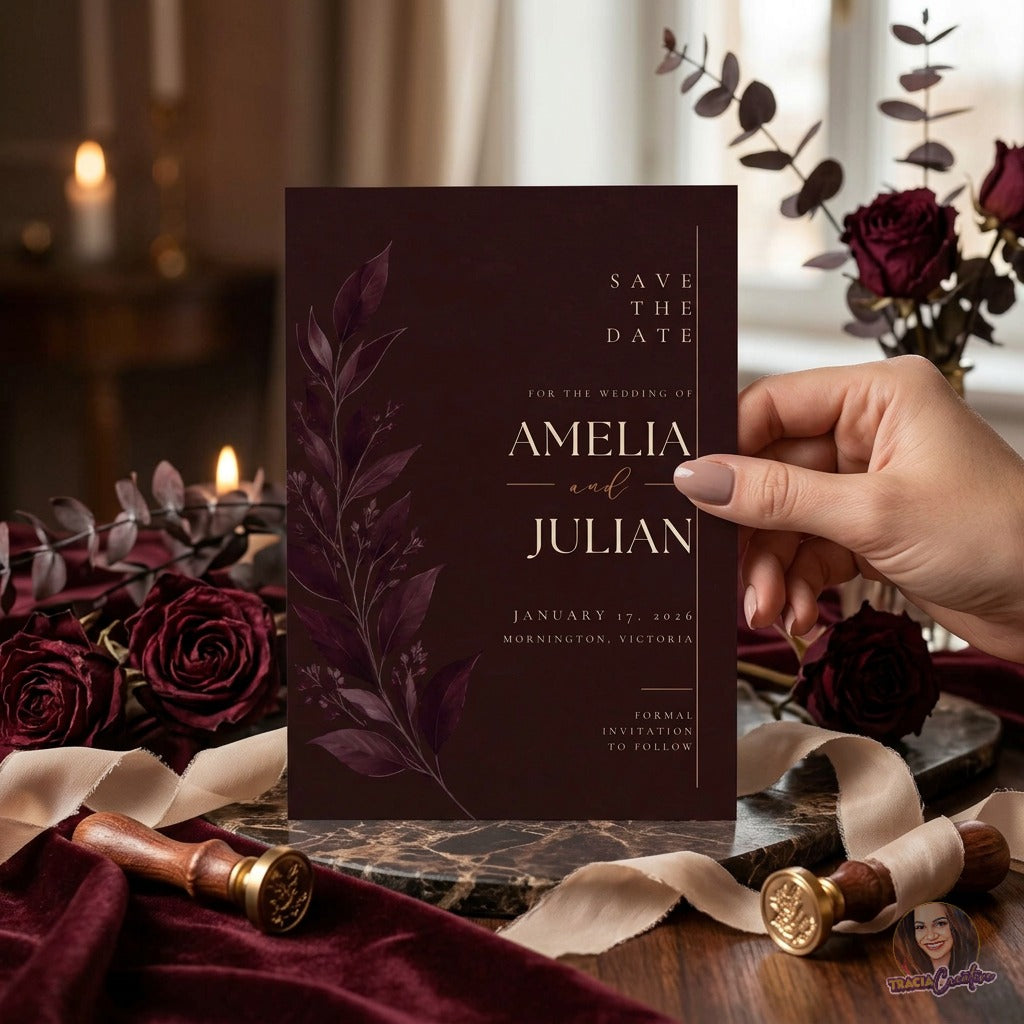 Burgundy Save the Date Template, Minimalist Botanical Wedding Announcement, Elegant Winter Wedding Editable Canva Printable 5x7