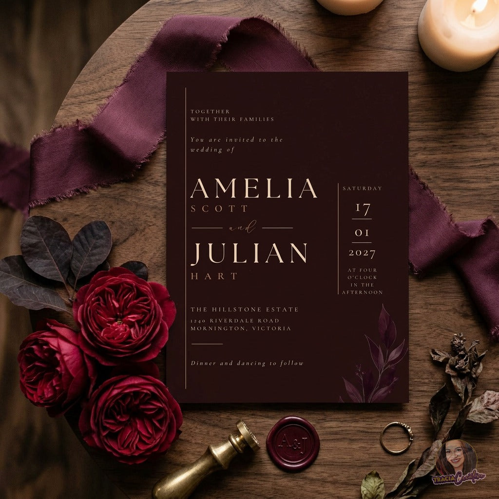 Burgundy Wedding Invitation Template, Minimalist Winter Botanical Wedding Invite, Elegant Modern Editable Canva Printable 5x7