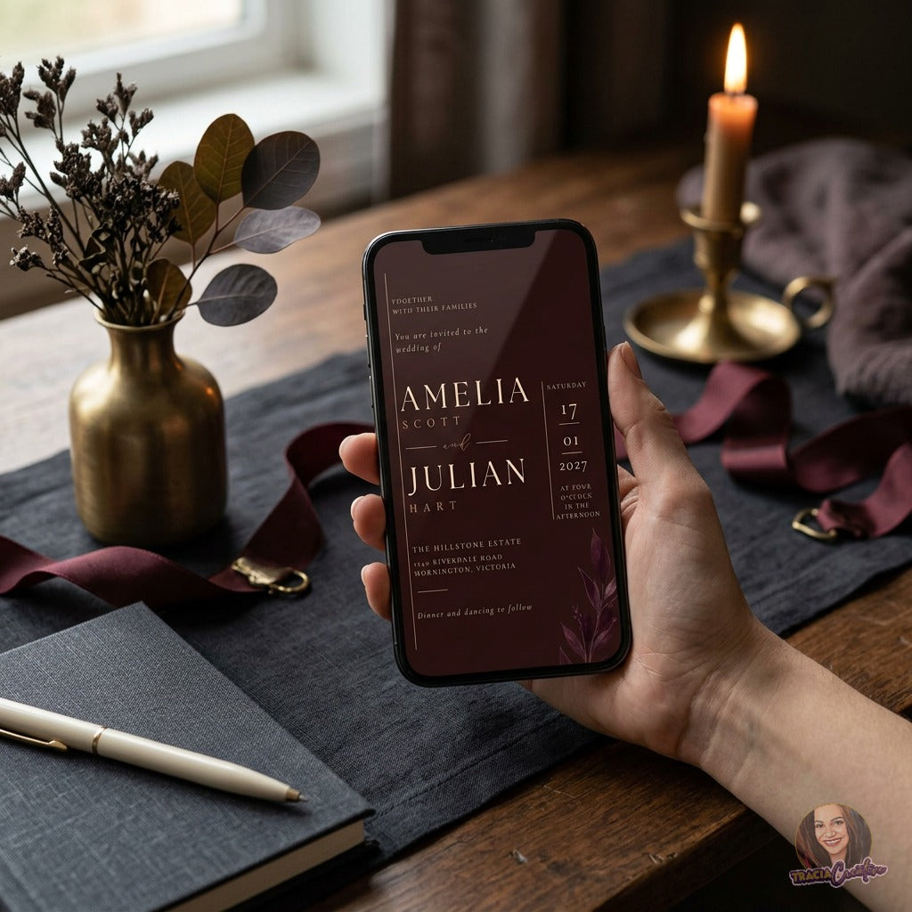 Burgundy Wedding Invitation Template, Minimalist Winter Botanical Wedding Invite, Elegant Modern Editable Canva Printable 5x7