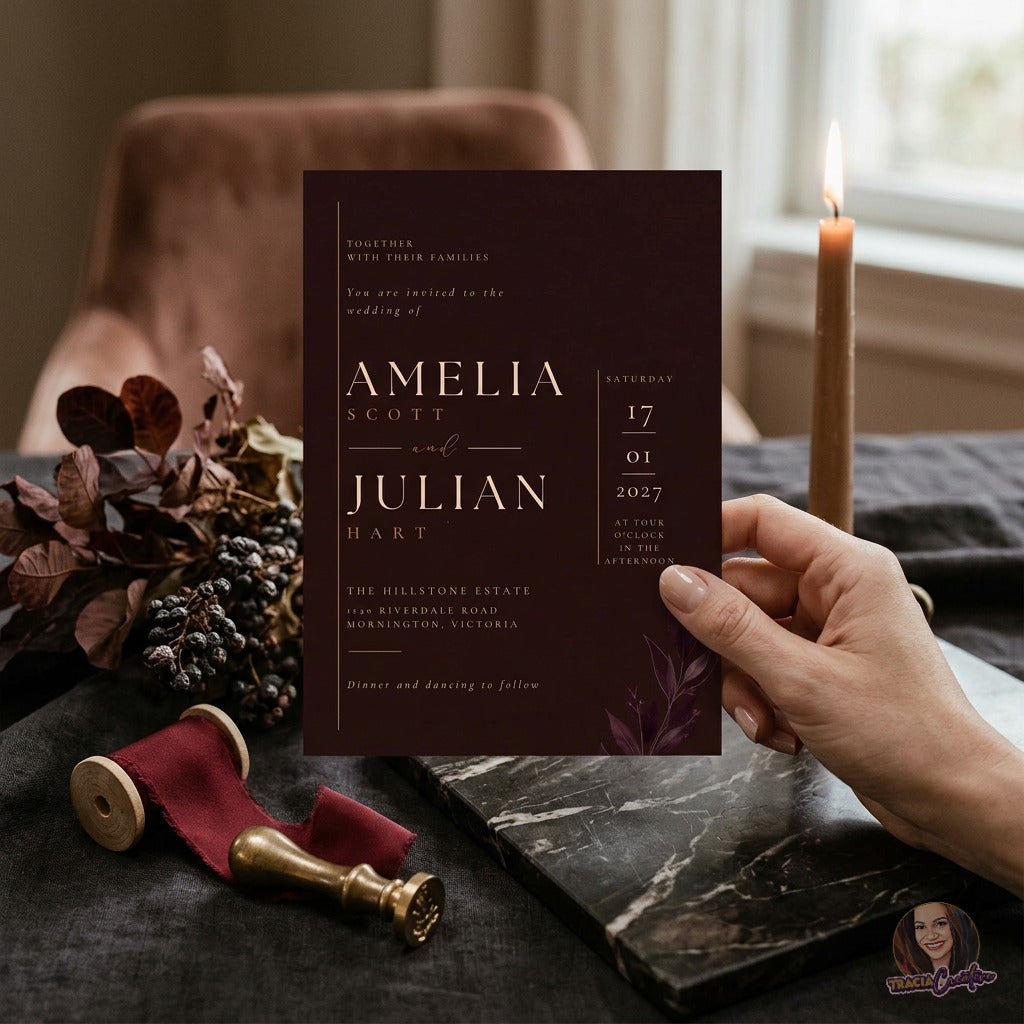 Burgundy Wedding Invitation Template, Minimalist Winter Botanical Wedding Invite, Elegant Modern Editable Canva Printable 5x7