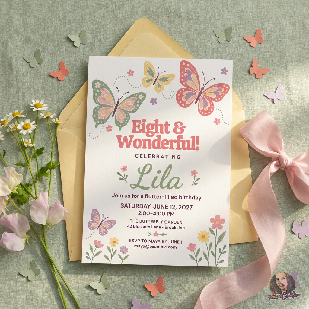 Eight and Wonderful butterfly birthday invitation with pastel butterflies and garden flowers, on a sage envelope.