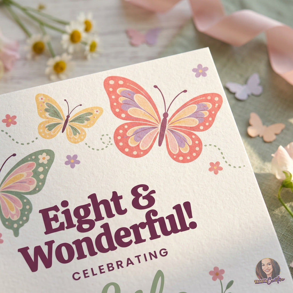 Eight and Wonderful butterfly birthday invitation with pastel butterflies and garden flowers, close-up of butterfly artwork and Eight and Wonderful lettering.