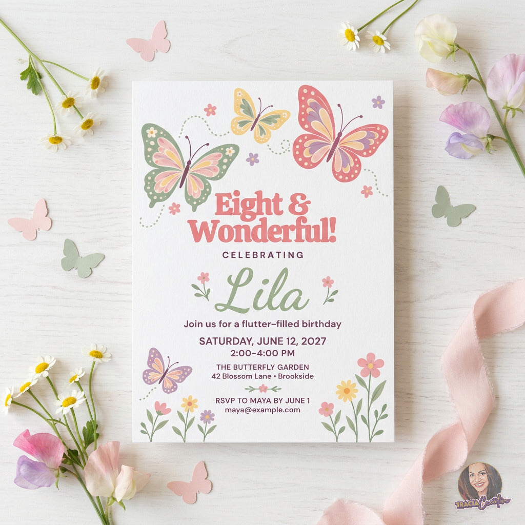 Eight and Wonderful butterfly birthday invitation with pastel butterflies and garden flowers, laid flat among paper butterflies and flowers.