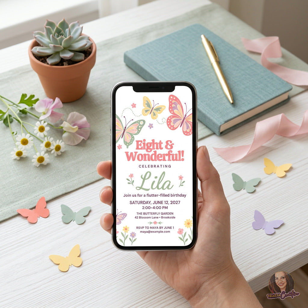 Eight and Wonderful butterfly birthday invitation with pastel butterflies and garden flowers, displayed on a phone.