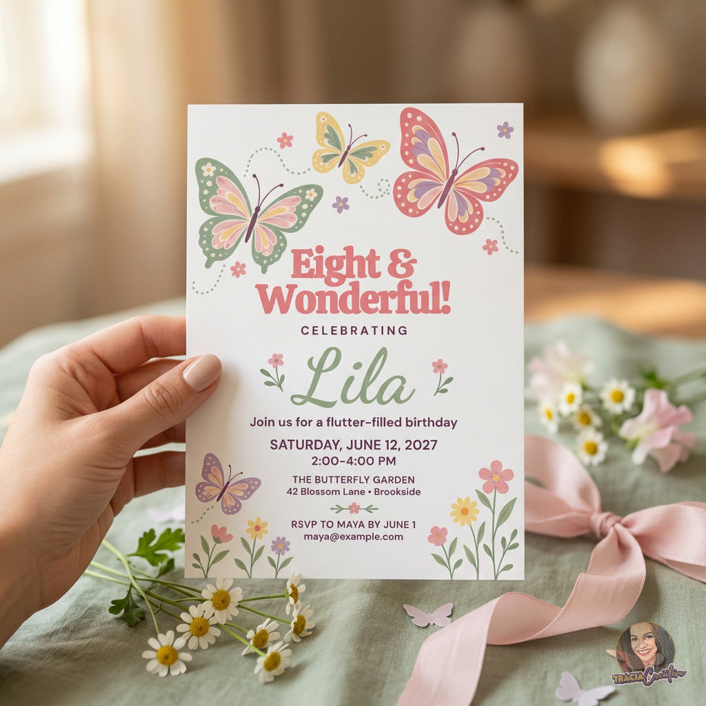Eight and Wonderful butterfly birthday invitation with pastel butterflies and garden flowers, held in a hand.