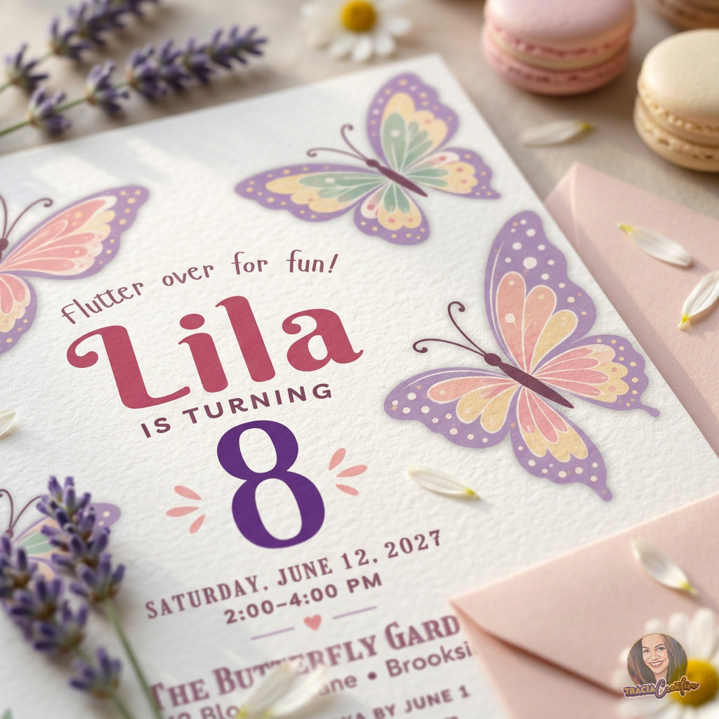 Butterfly garden birthday invitation with pink and lavender butterflies and wildflowers, close-up of butterfly artwork and birthday lettering.