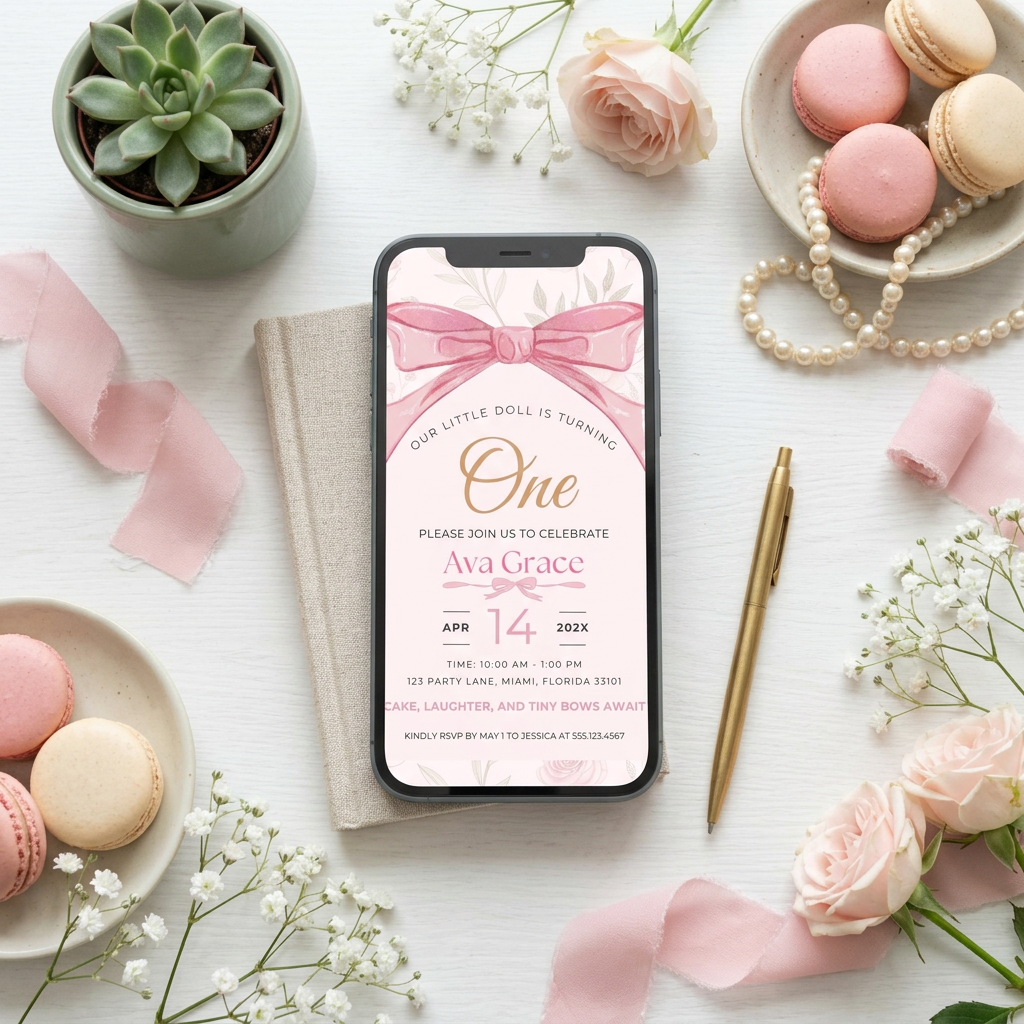 Pink Bow First Birthday Invitation Template, Coquette Girl Birthday Party Invite, Editable Canva Template, Printable 5x7 Invitation
