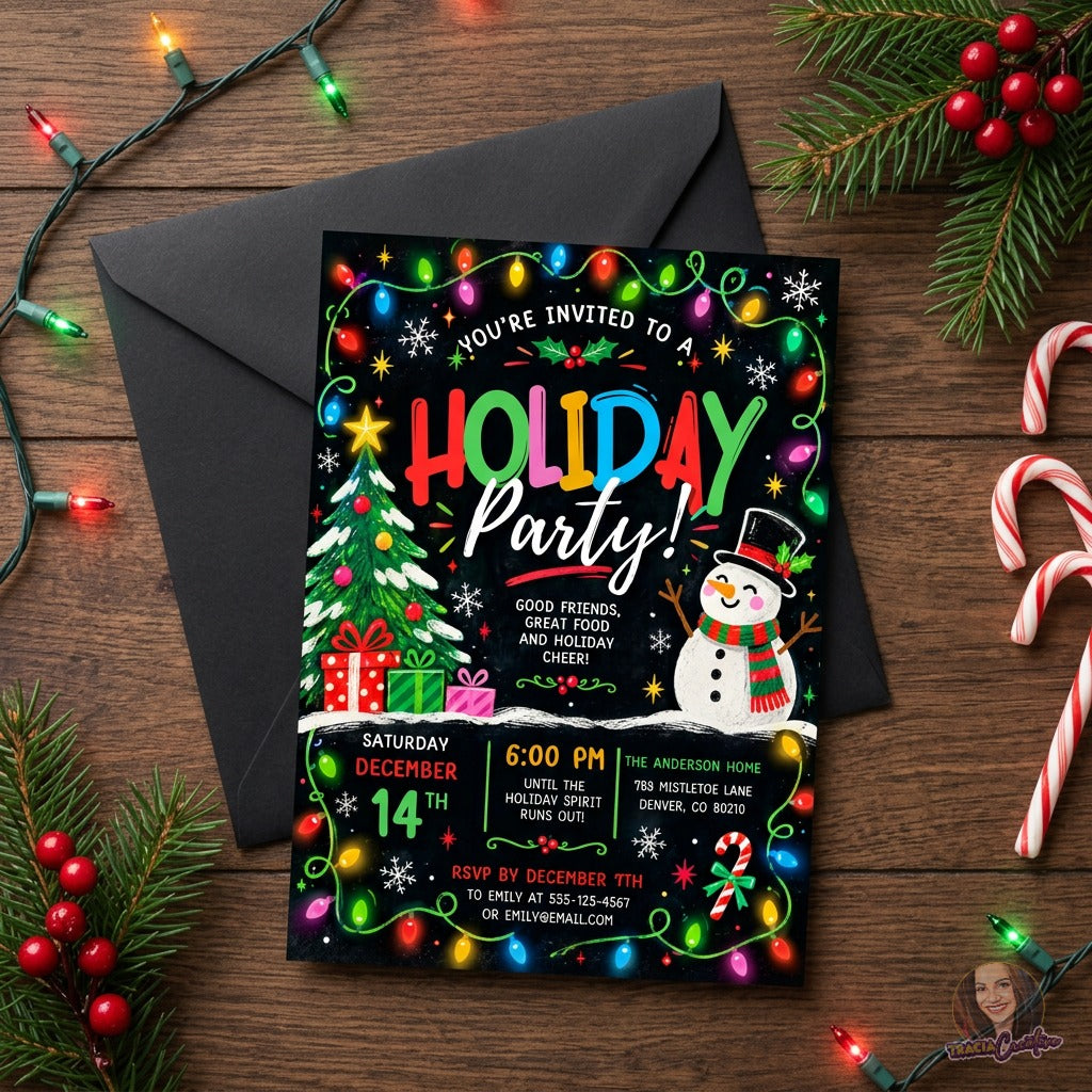Colorful Christmas Party Invitation Template, Editable Canva Holiday Party Invite, Christmas Lights Snowman Tree, Printable 5x7