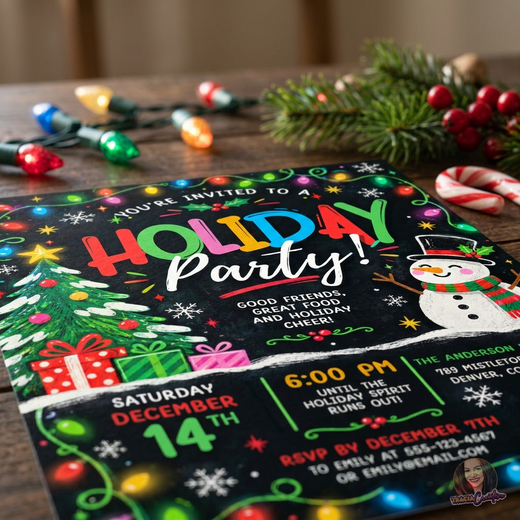 Colorful Christmas Party Invitation Template, Editable Canva Holiday Party Invite, Christmas Lights Snowman Tree, Printable 5x7