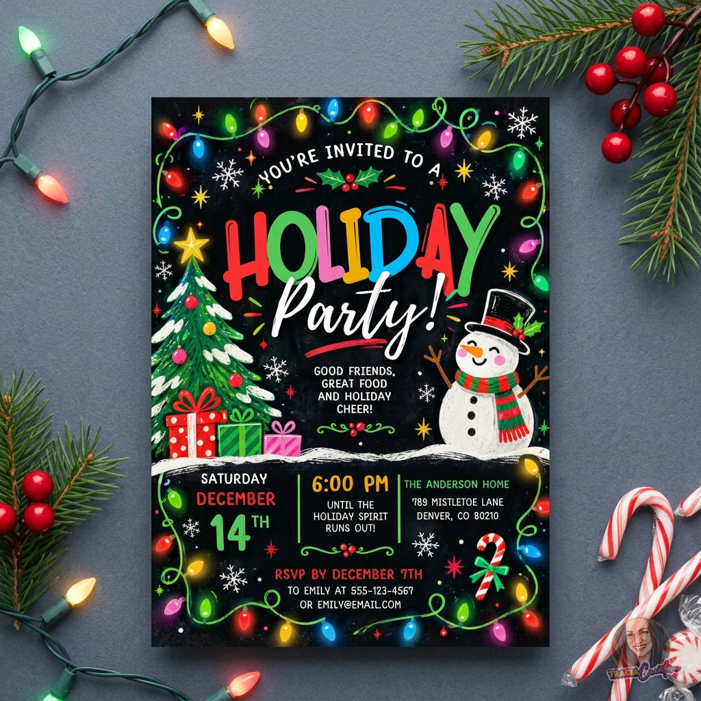 Colorful Christmas Party Invitation Template, Editable Canva Holiday Party Invite, Christmas Lights Snowman Tree, Printable 5x7