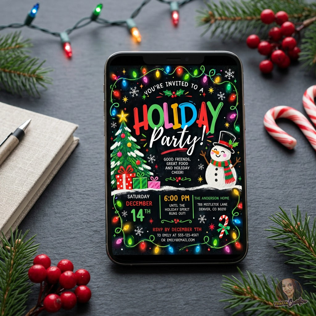 Colorful Christmas Party Invitation Template, Editable Canva Holiday Party Invite, Christmas Lights Snowman Tree, Printable 5x7