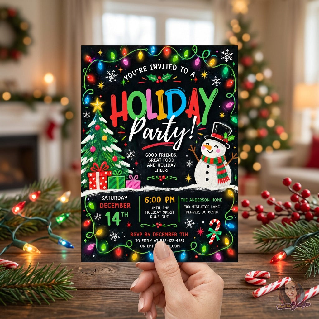 Colorful Christmas Party Invitation Template, Editable Canva Holiday Party Invite, Christmas Lights Snowman Tree, Printable 5x7