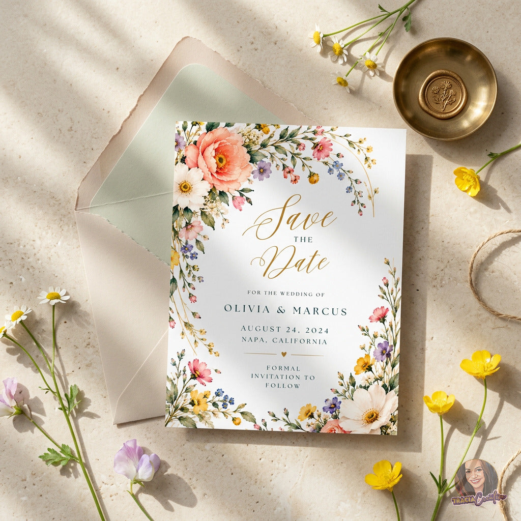 Colorful Wildflower Save the Date Template, Editable Canva Floral Wedding Announcement, 5x7