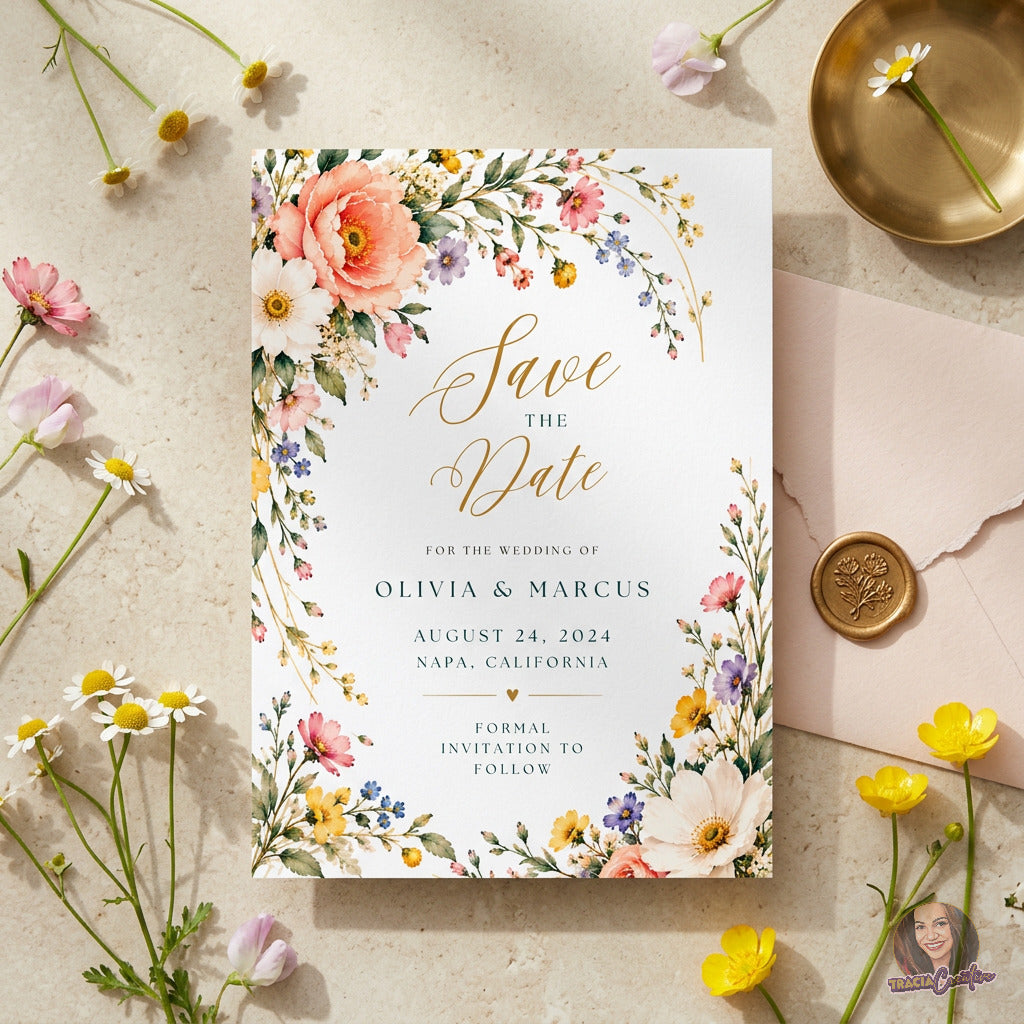 Colorful Wildflower Save the Date Template, Editable Canva Floral Wedding Announcement, 5x7