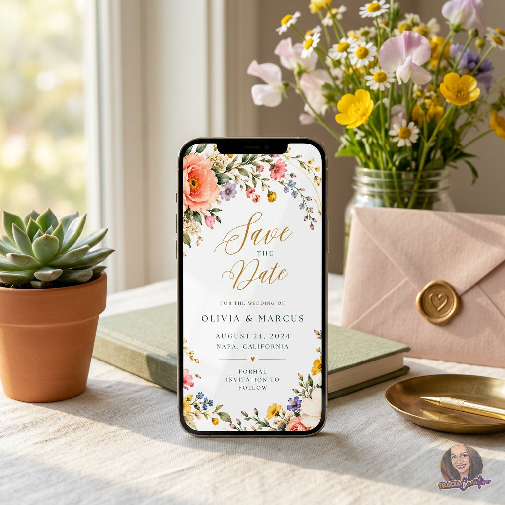 Colorful Wildflower Save the Date Template, Editable Canva Floral Wedding Announcement, 5x7