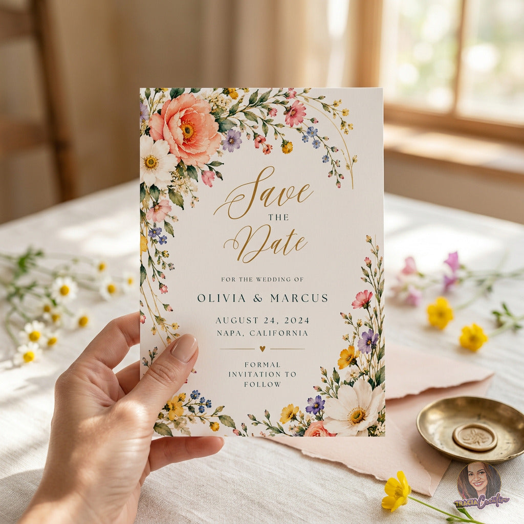 Colorful Wildflower Save the Date Template, Editable Canva Floral Wedding Announcement, 5x7