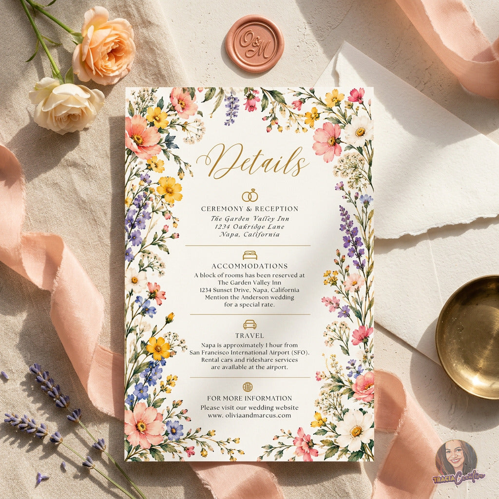 Colorful Wildflower Wedding Details Card Template, Editable Canva Floral Insert, 4x6