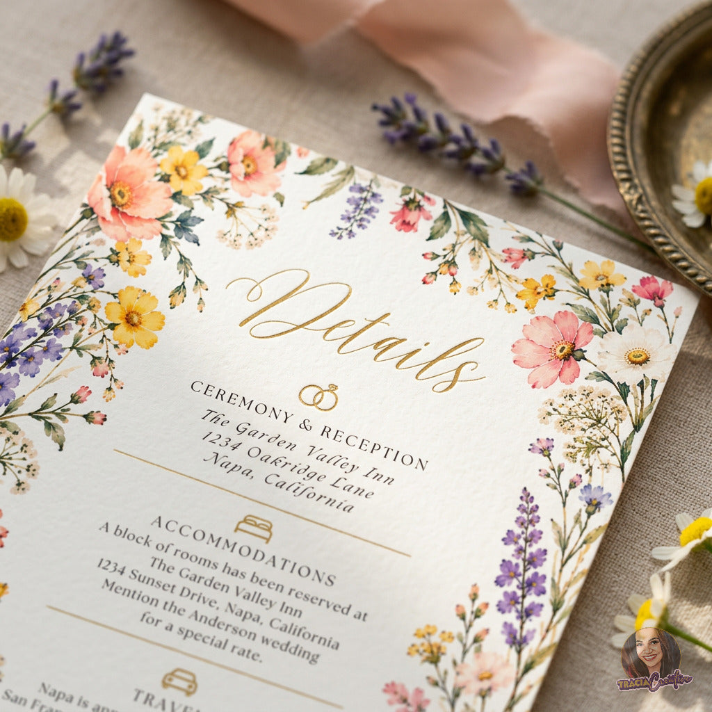 Colorful Wildflower Wedding Details Card Template, Editable Canva Floral Insert, 4x6