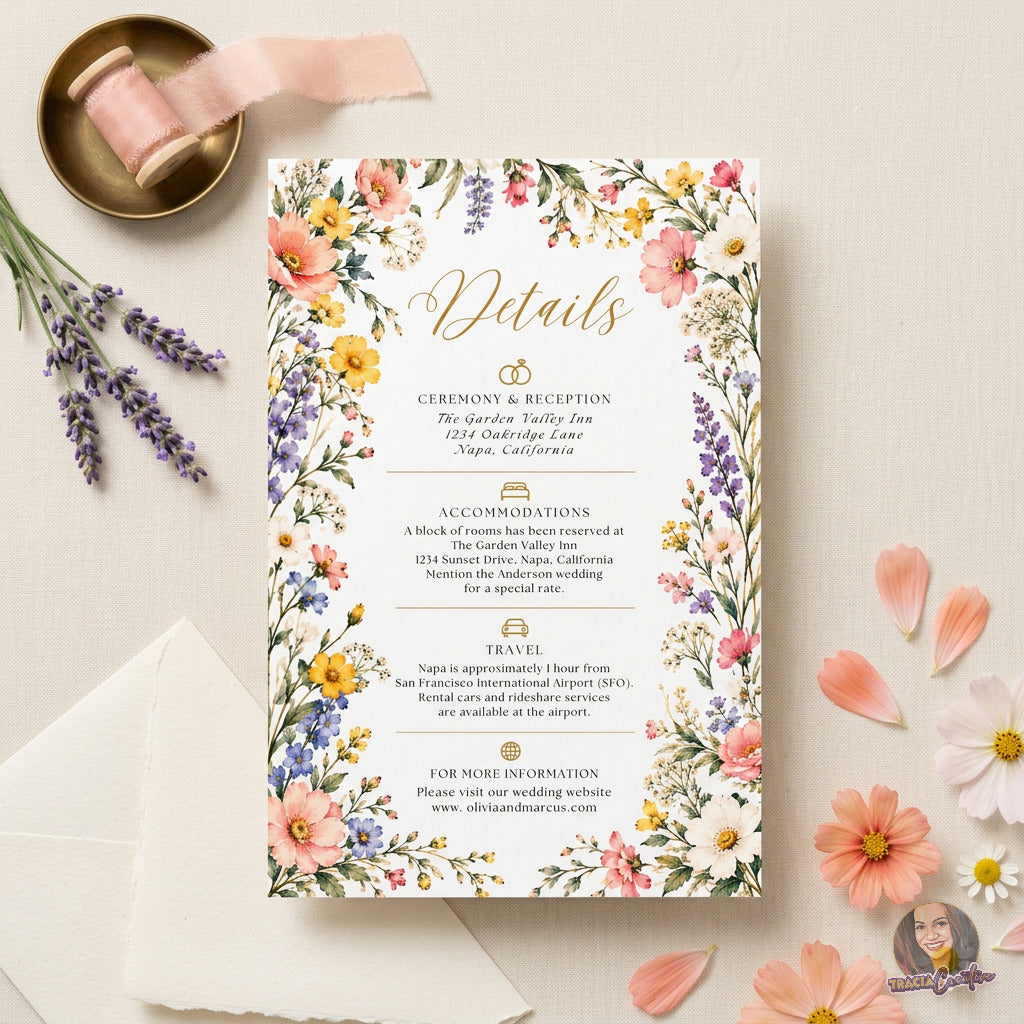 Colorful Wildflower Wedding Details Card Template, Editable Canva Floral Insert, 4x6