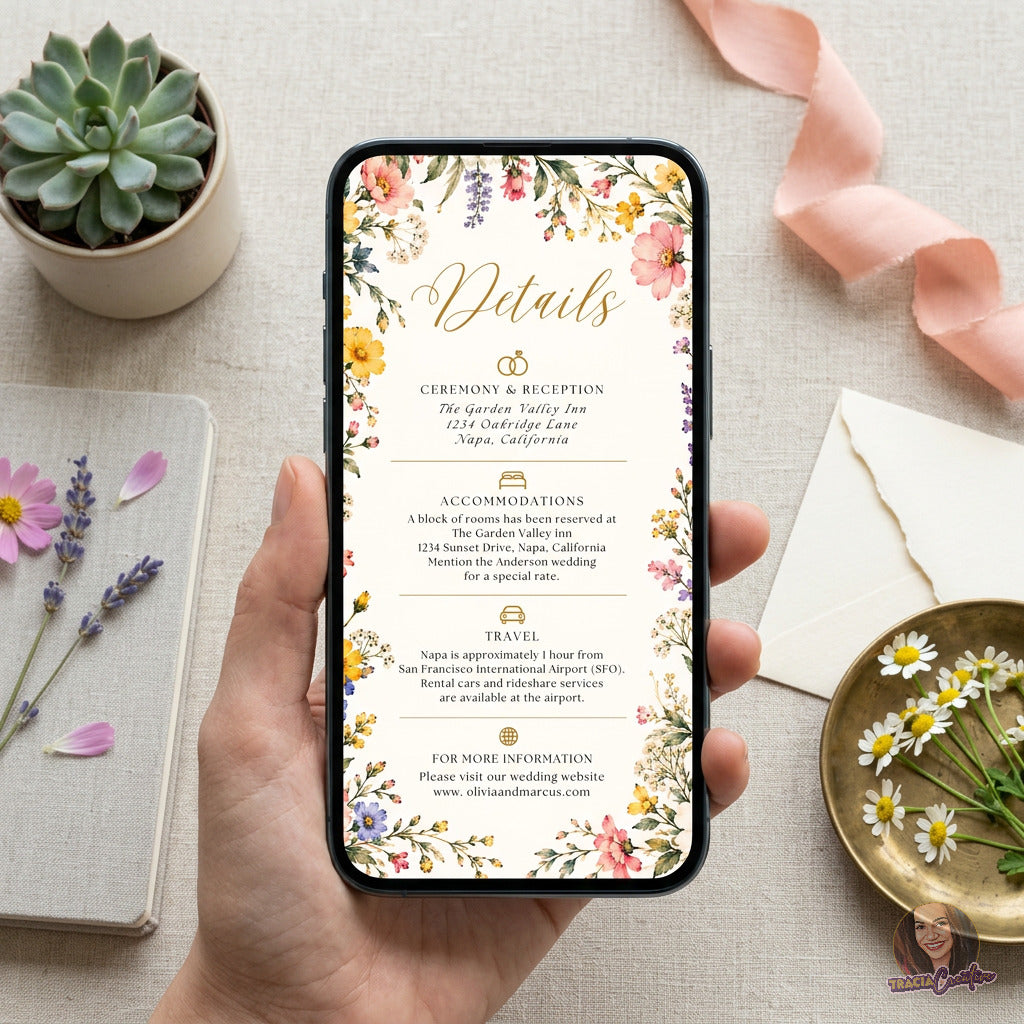 Colorful Wildflower Wedding Details Card Template, Editable Canva Floral Insert, 4x6