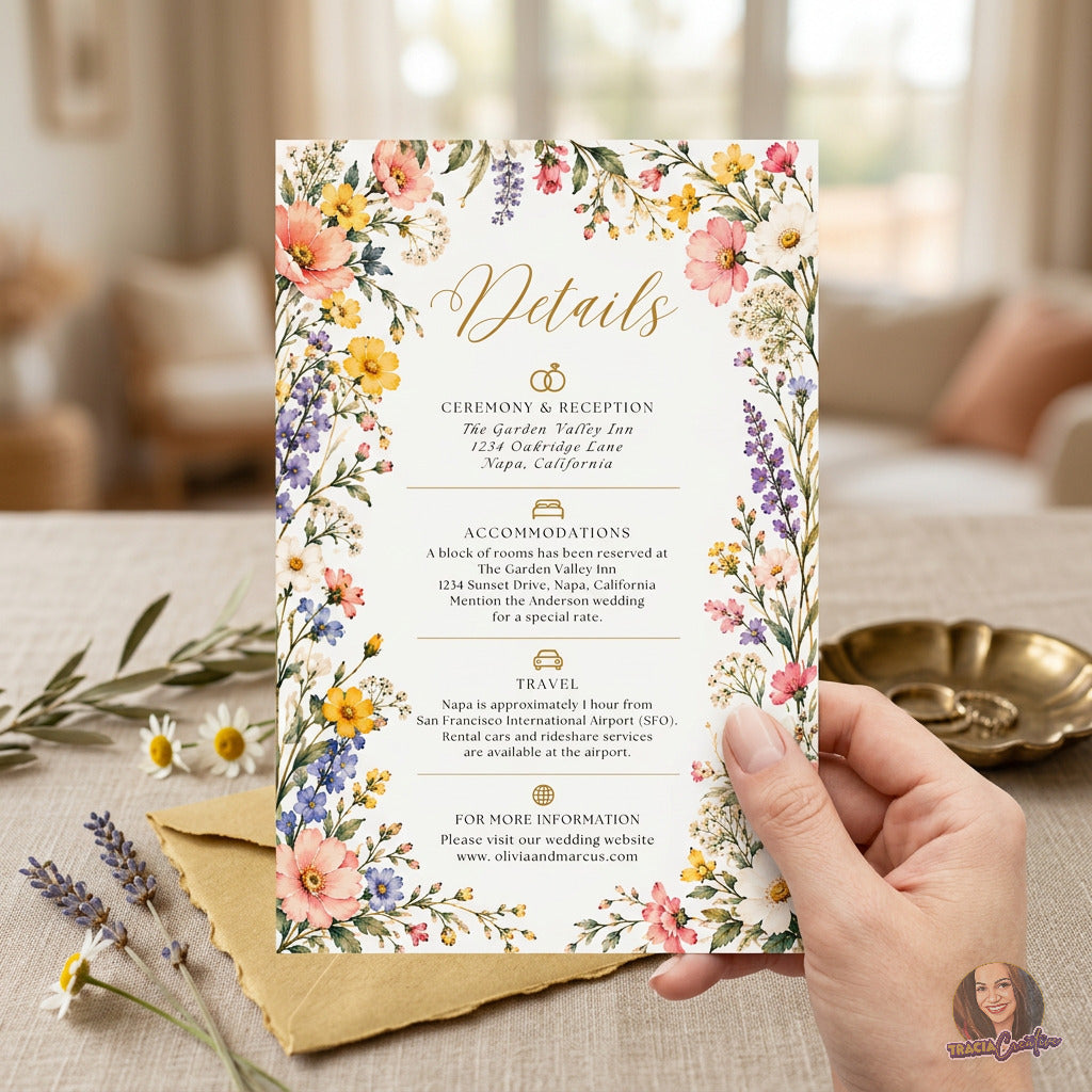 Colorful Wildflower Wedding Details Card Template, Editable Canva Floral Insert, 4x6