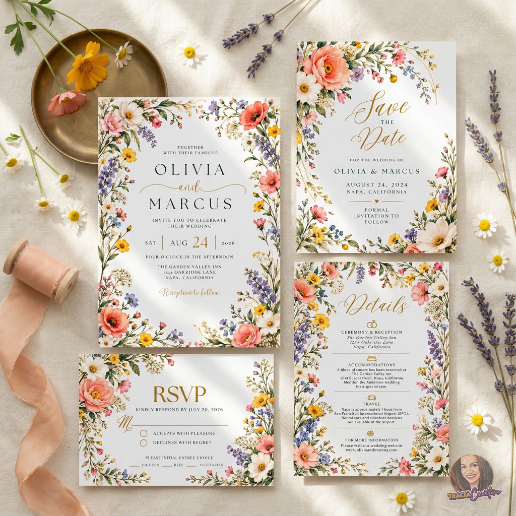Colorful Wildflower Wedding Invitation Suite Bundle, Editable Canva Floral Wedding Templates