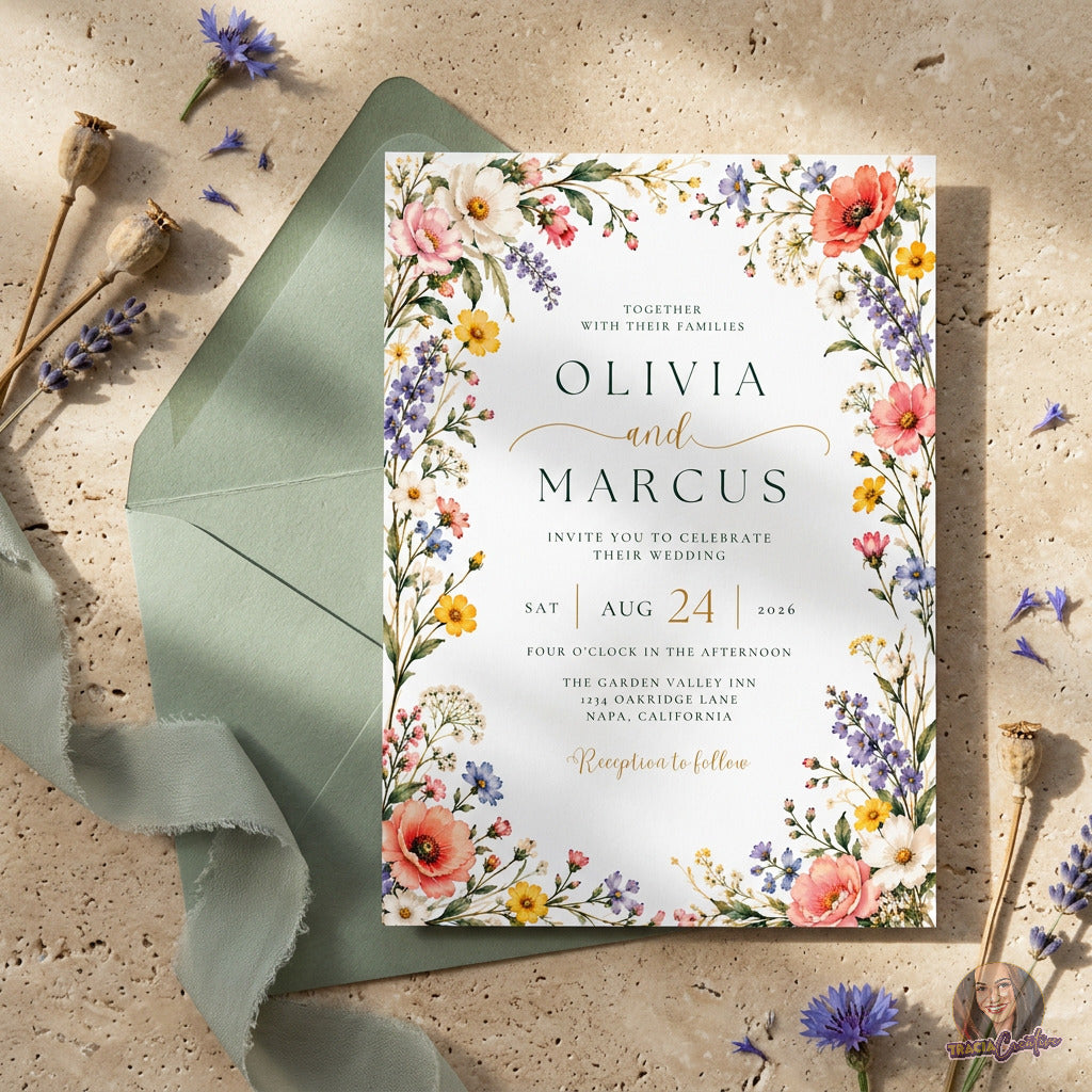 Colorful Wildflower Wedding Invitation Template, Editable Canva Floral Wedding Invite, 5x7