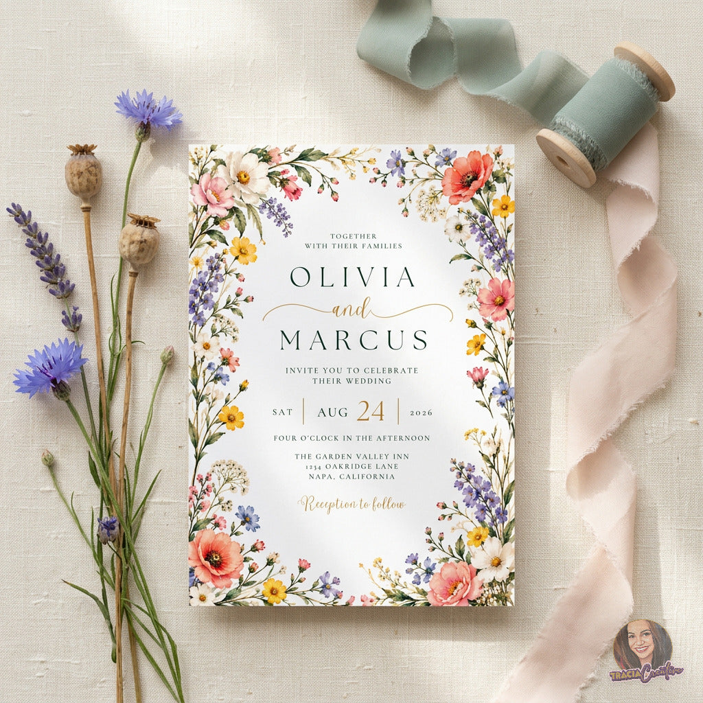 Colorful Wildflower Wedding Invitation Template, Editable Canva Floral Wedding Invite, 5x7