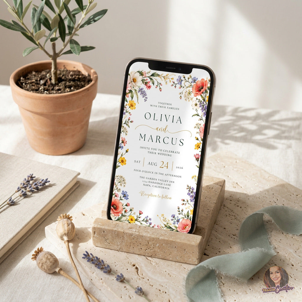 Colorful Wildflower Wedding Invitation Template, Editable Canva Floral Wedding Invite, 5x7
