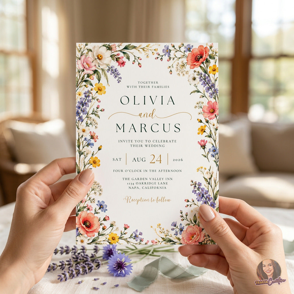 Colorful Wildflower Wedding Invitation Template, Editable Canva Floral Wedding Invite, 5x7