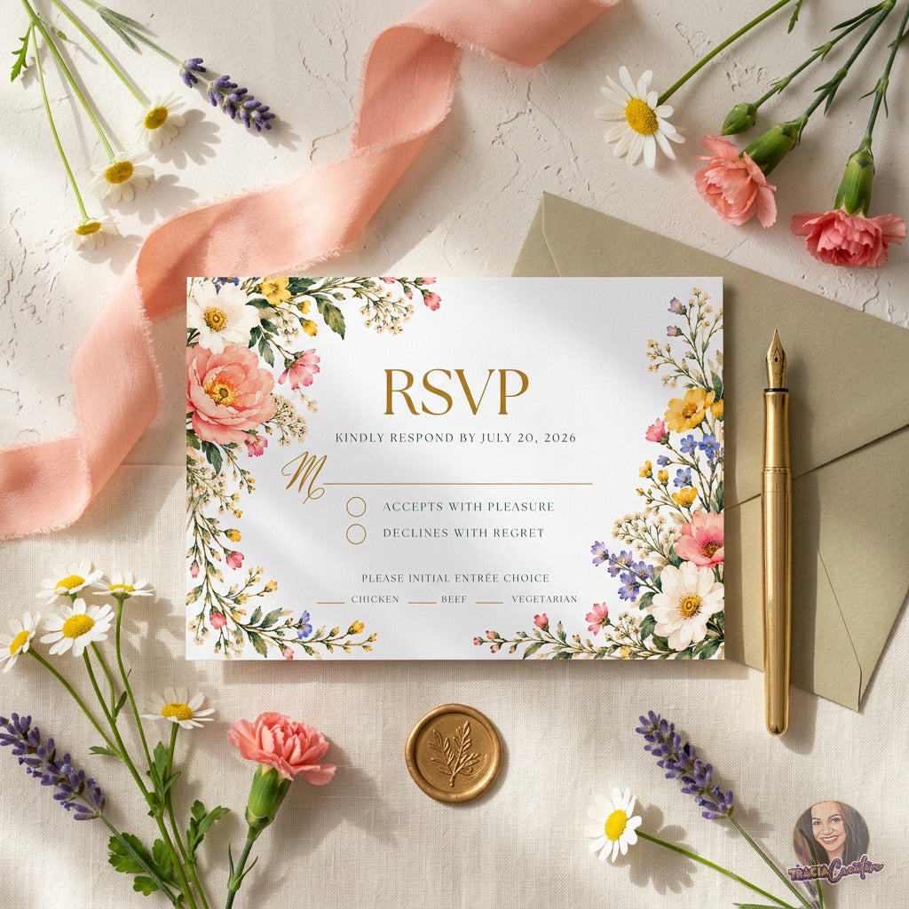 Colorful Wildflower Wedding RSVP Card Template, Editable Canva Floral Response Card, 5x3.5
