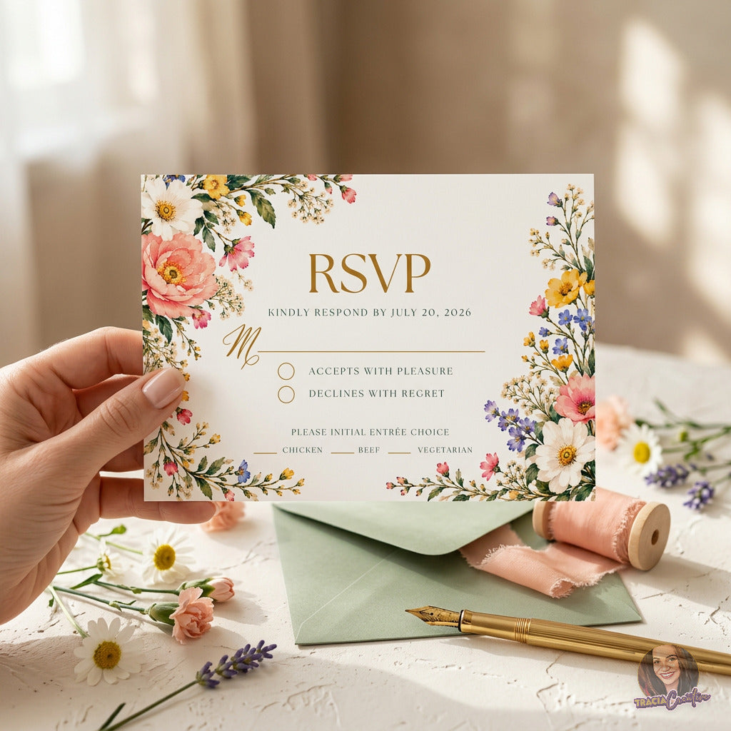 Colorful Wildflower Wedding RSVP Card Template, Editable Canva Floral Response Card, 5x3.5