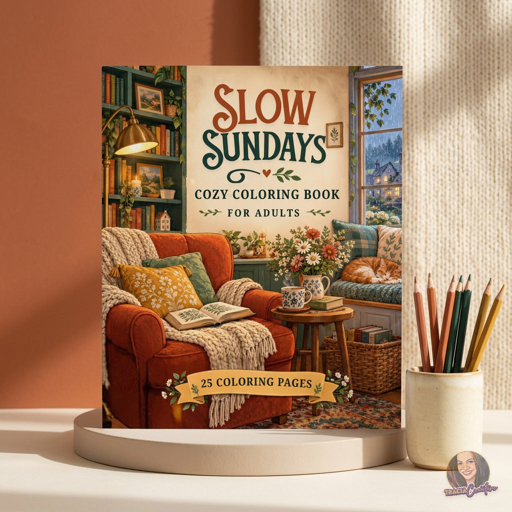 The front cover of the book 'Slow Sundays Cozy Coloring Book for Adults' is shown standing upright on a round pedestal. The cover features a cozy living room scene with an orange armchair, patterned pillows, a knitted throw blanket, a small wooden table, and a window view.