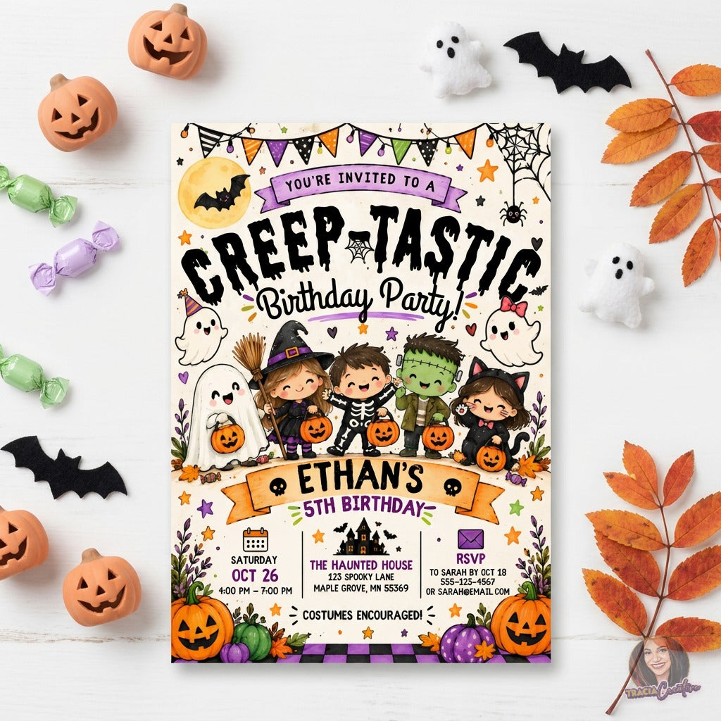Creep-Tastic Halloween 5th Birthday Invitation Template, Cute Kids Costume Party Invite, Editable Canva Halloween Birthday Invitation, Printable 5x7
