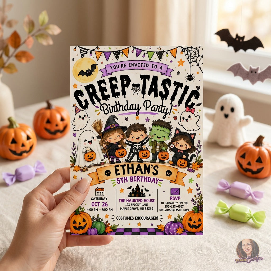 Creep-Tastic Halloween 5th Birthday Invitation Template, Cute Kids Costume Party Invite, Editable Canva Halloween Birthday Invitation, Printable 5x7