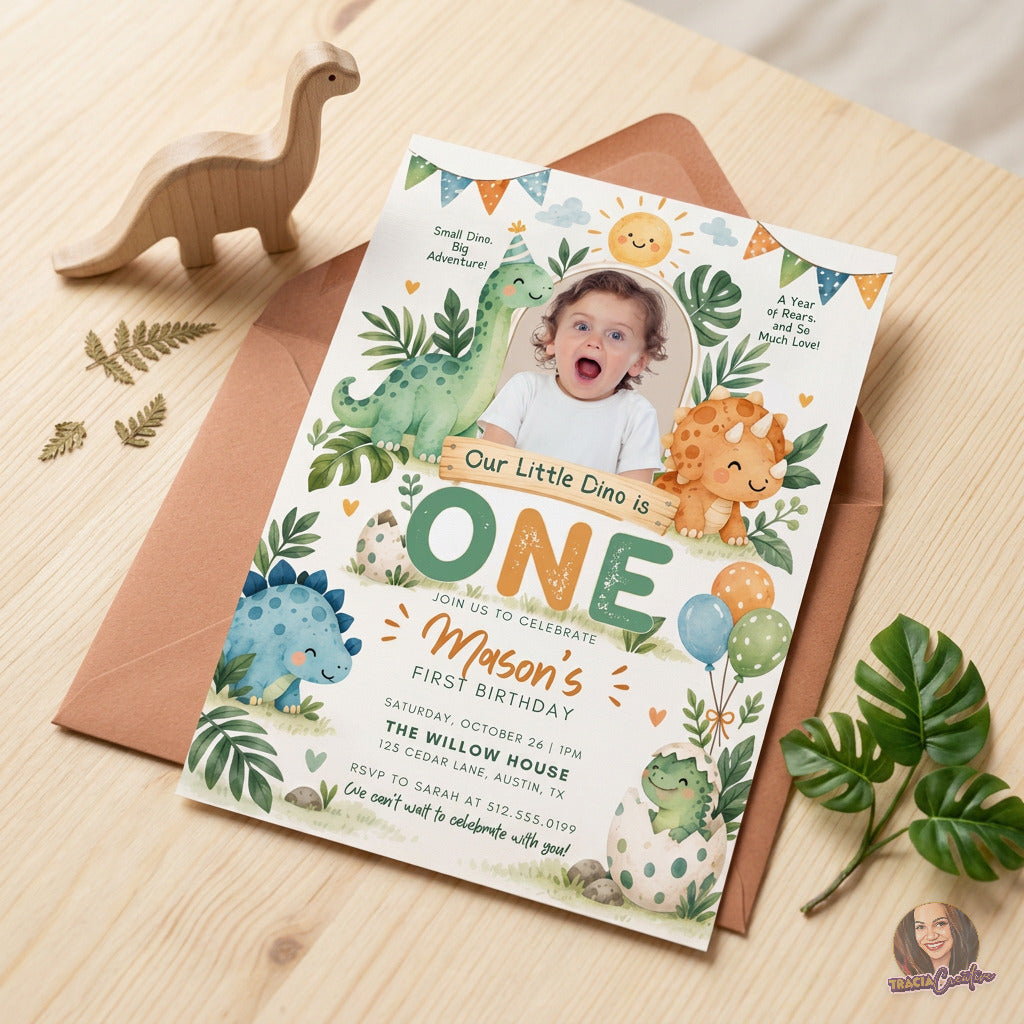 Our Little Dino Is One Birthday Invitation Template with Photo, Cute Dinosaur 1st Birthday Invite, Editable Canva, Printable 5x7