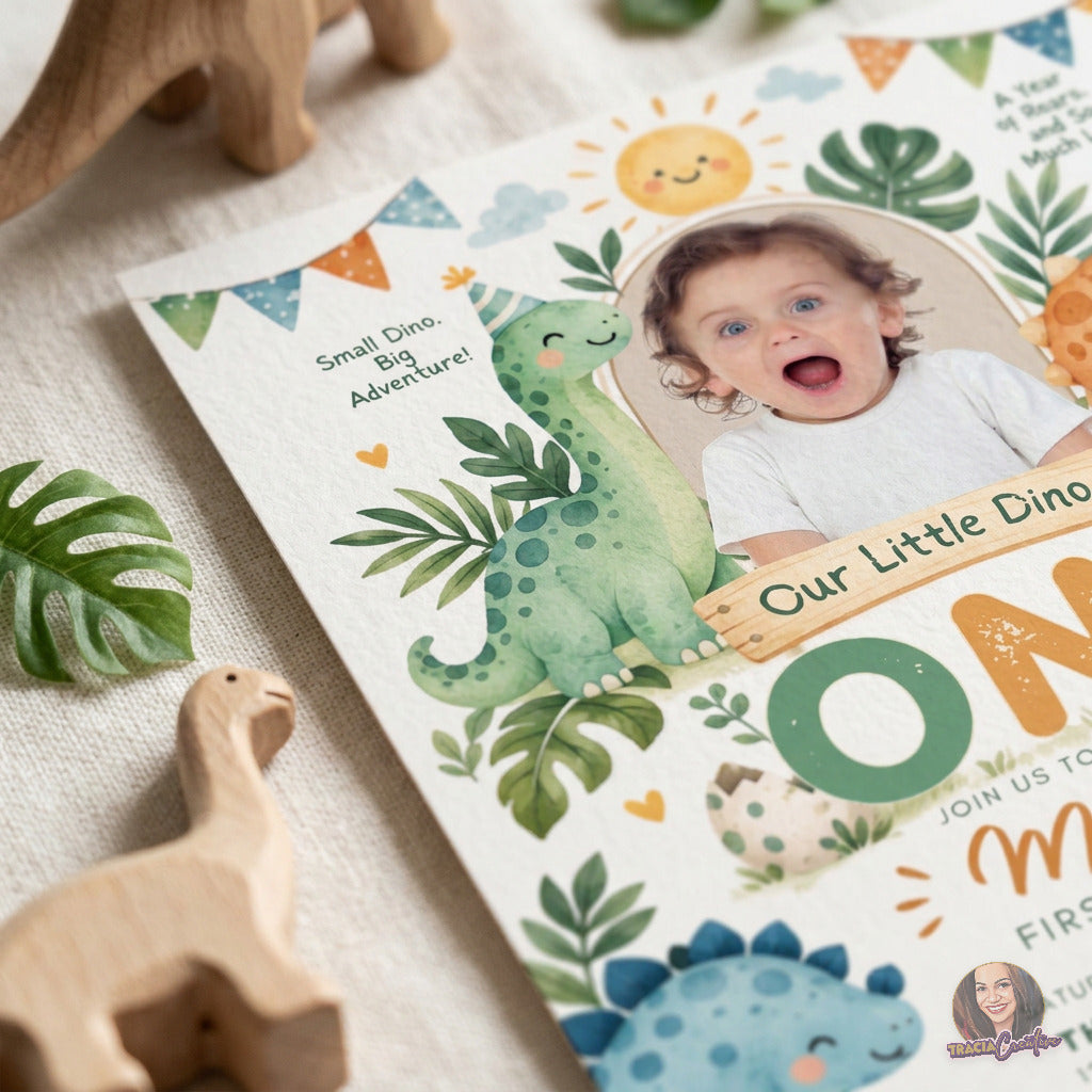 Our Little Dino Is One Birthday Invitation Template with Photo, Cute Dinosaur 1st Birthday Invite, Editable Canva, Printable 5x7