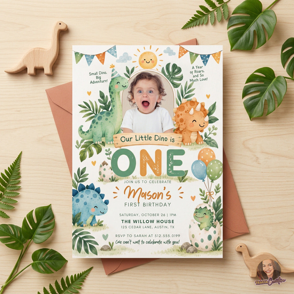 Our Little Dino Is One Birthday Invitation Template with Photo, Cute Dinosaur 1st Birthday Invite, Editable Canva, Printable 5x7