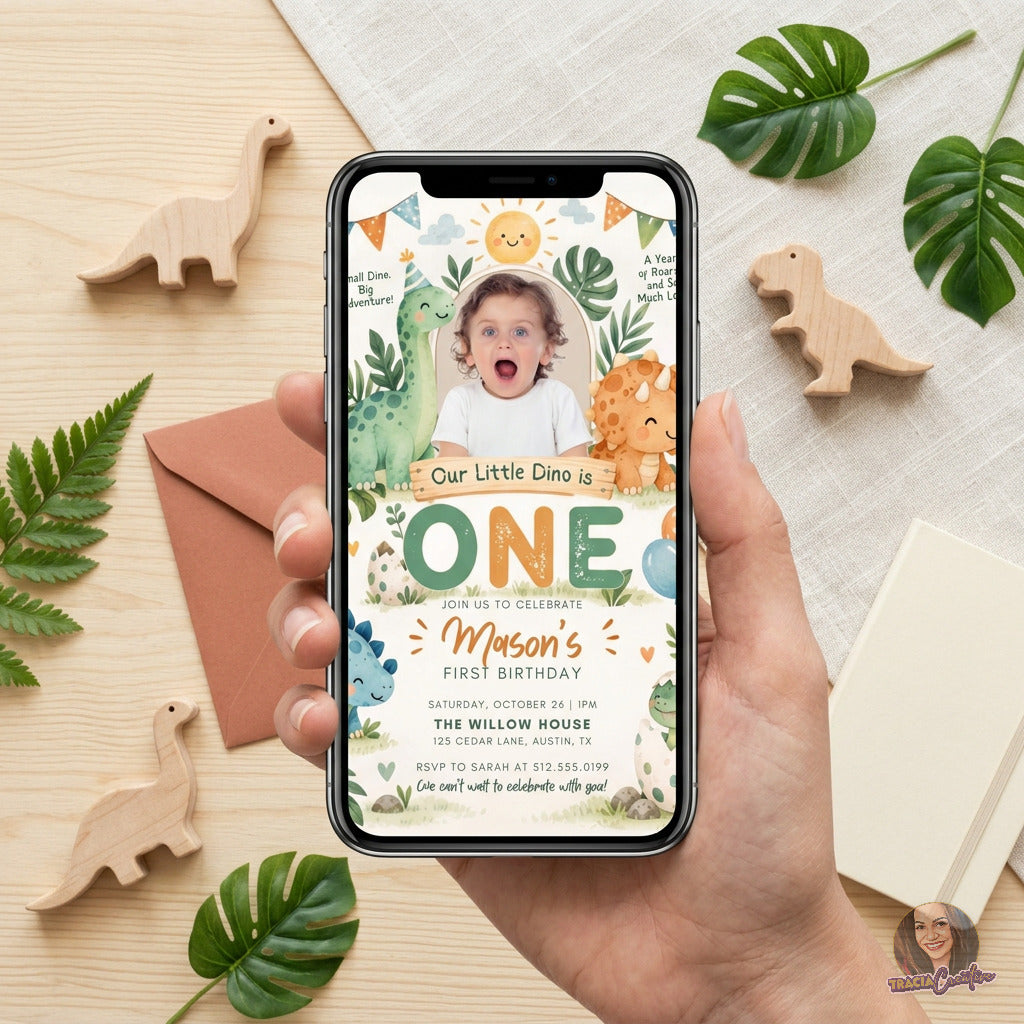 Our Little Dino Is One Birthday Invitation Template with Photo, Cute Dinosaur 1st Birthday Invite, Editable Canva, Printable 5x7