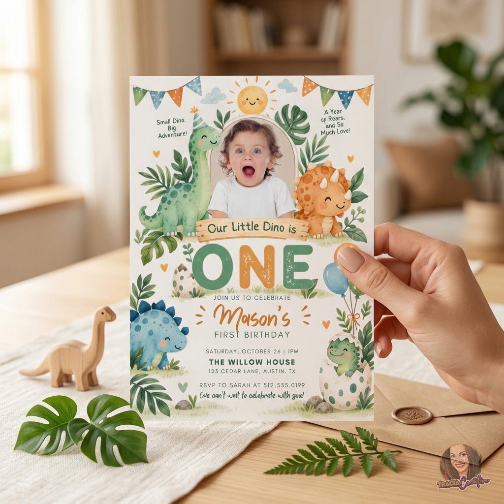 Our Little Dino Is One Birthday Invitation Template with Photo, Cute Dinosaur 1st Birthday Invite, Editable Canva, Printable 5x7