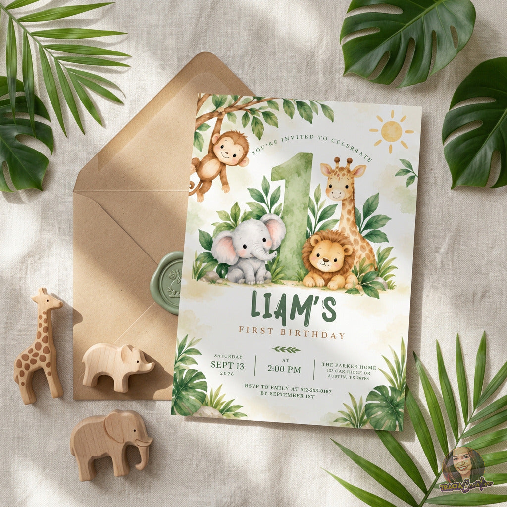 Cute Safari Animals 1st Birthday Invitation Template, Jungle First Birthday Party Invite, Editable Canva, Printable 5x7