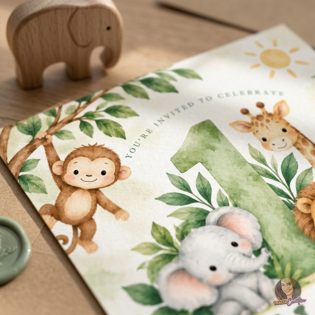 Cute Safari Animals 1st Birthday Invitation Template, Jungle First Birthday Party Invite, Editable Canva, Printable 5x7