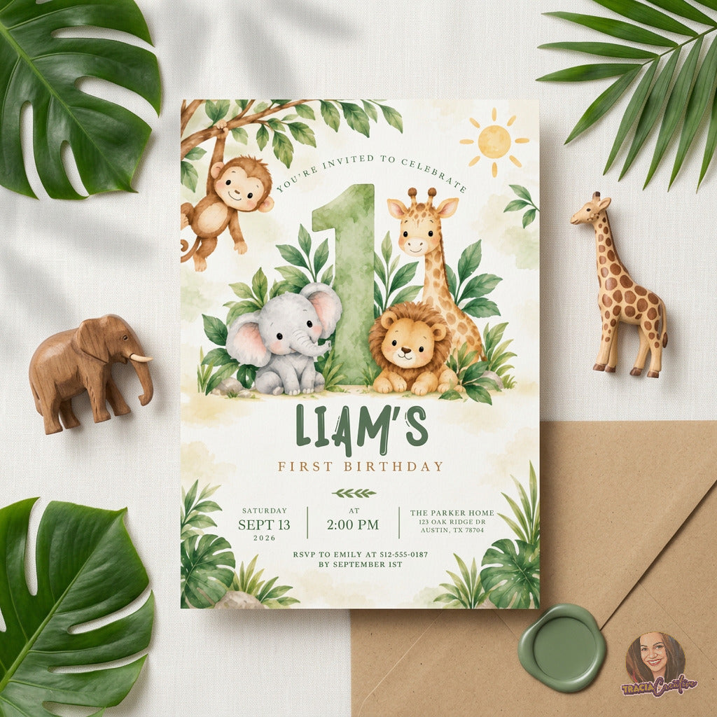 Cute Safari Animals 1st Birthday Invitation Template, Jungle First Birthday Party Invite, Editable Canva, Printable 5x7