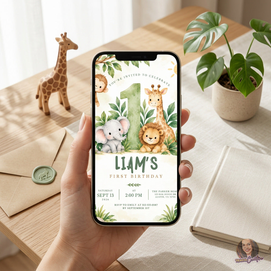Cute Safari Animals 1st Birthday Invitation Template, Jungle First Birthday Party Invite, Editable Canva, Printable 5x7