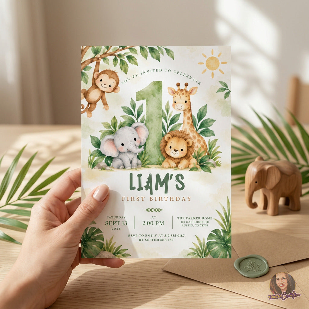 Cute Safari Animals 1st Birthday Invitation Template, Jungle First Birthday Party Invite, Editable Canva, Printable 5x7