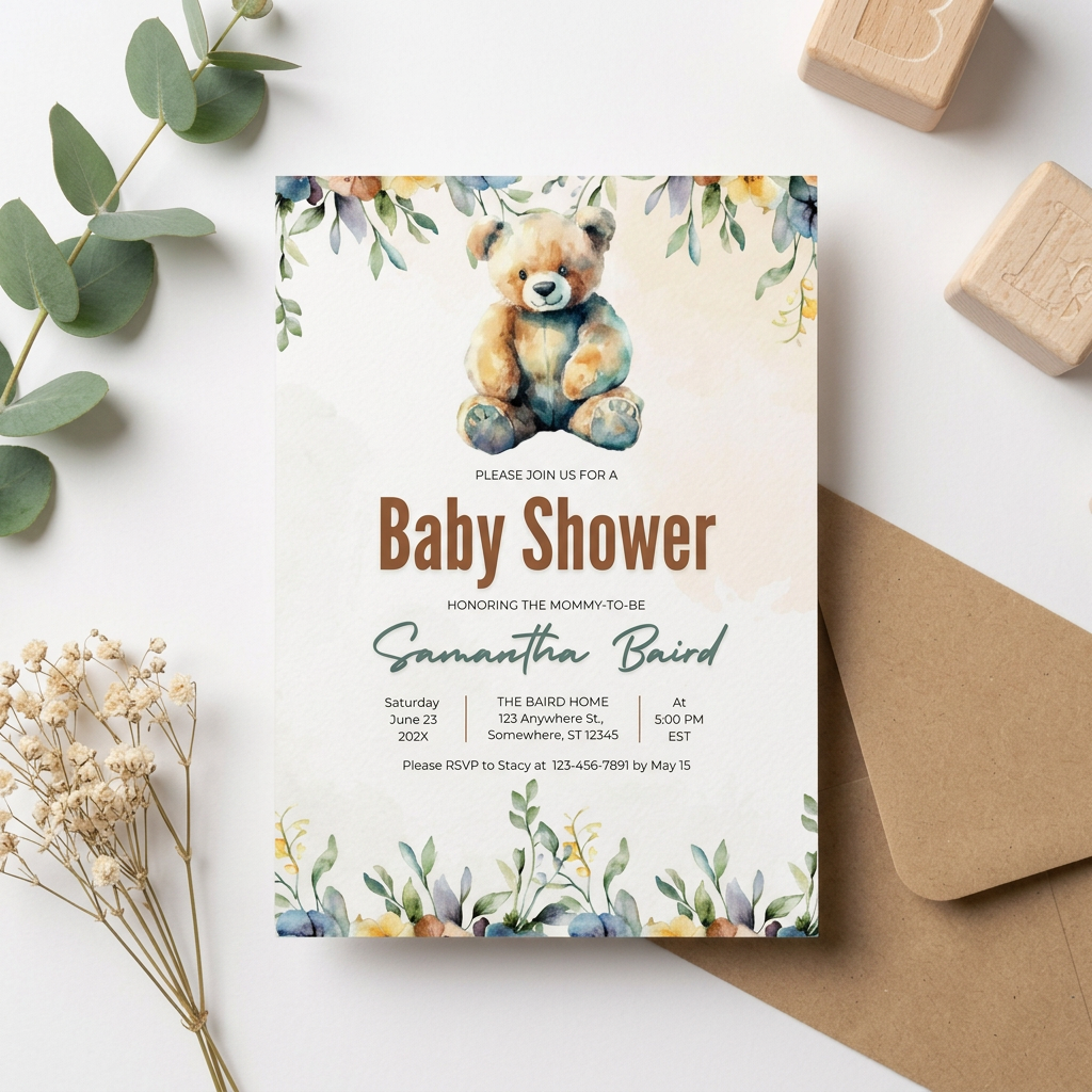 Boho Teddy Bear Baby Shower Invitation Template, Neutral Bear Baby Shower Invite, Editable Canva Template, Printable 5x7 Invitation