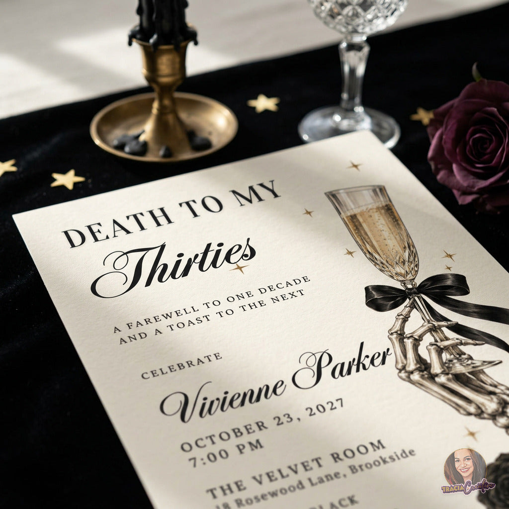 A close-up of a gothic-themed 'Death to My Thirties' birthday invitation card. The cream-colored card features elegant black typography, gold star accents, and an illustration of a skeleton hand holding a champagne flute tied with a black ribbon.