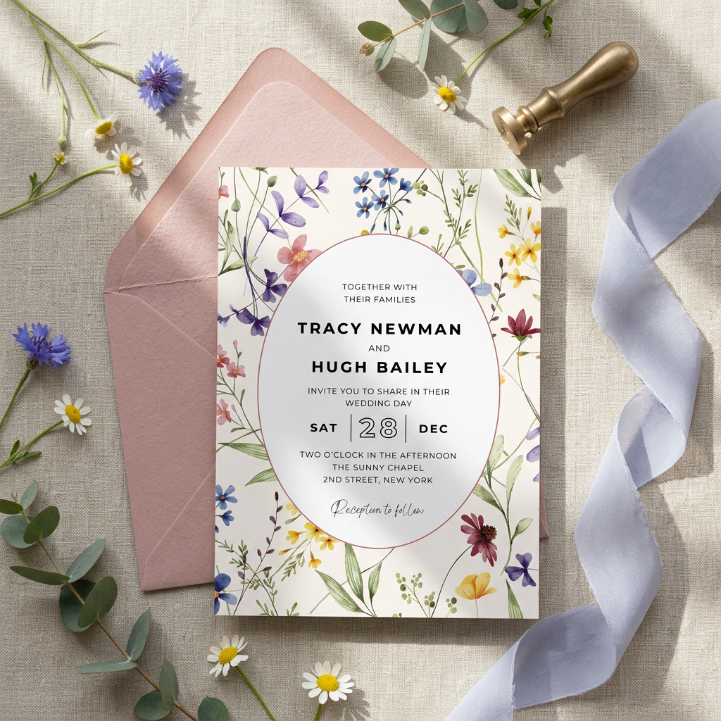 Soft Pastel Wildflower Wedding Invitation Template, Editable Canva - Printable Party Invites